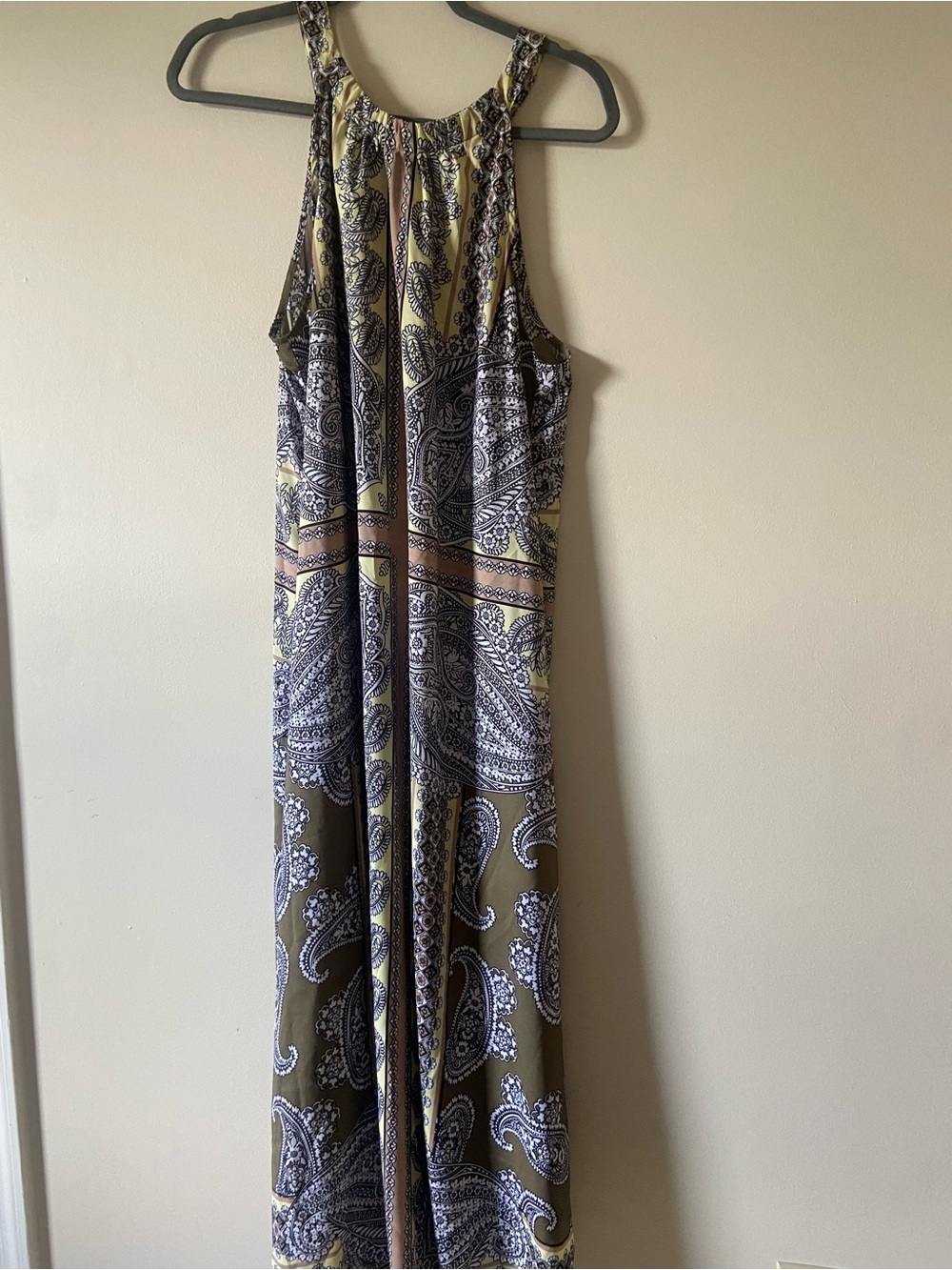New York & Company Olive and Cream Paisley Halter Maxi Dress XL